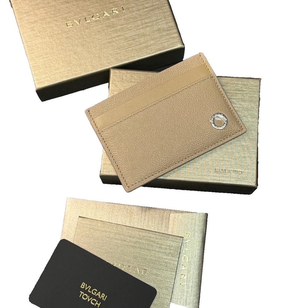 Bvlgari Tovch Card Holder Case Roma Beige Tan Leather New with box
